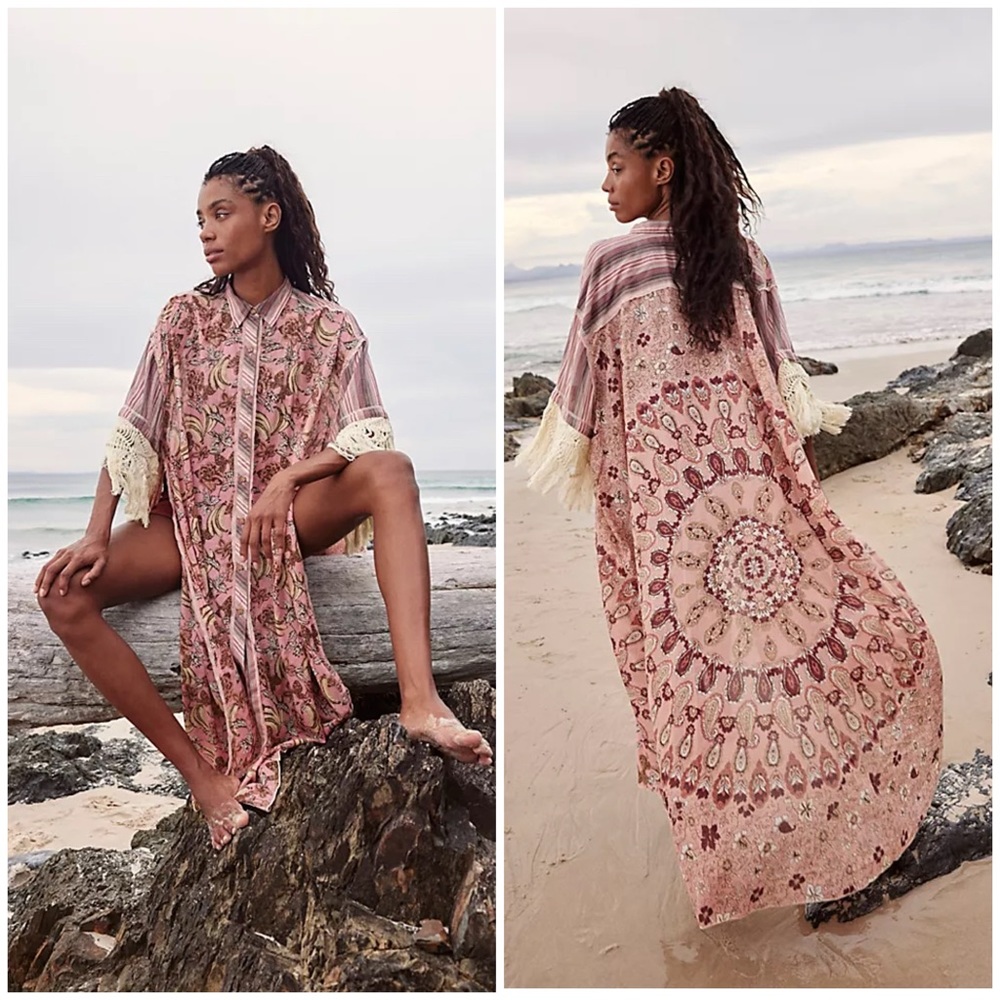 𝓯𝓹 Free People ~ ✨Host Pick ✨ Watching Waves Maxi Shirt in Mauve Combo
